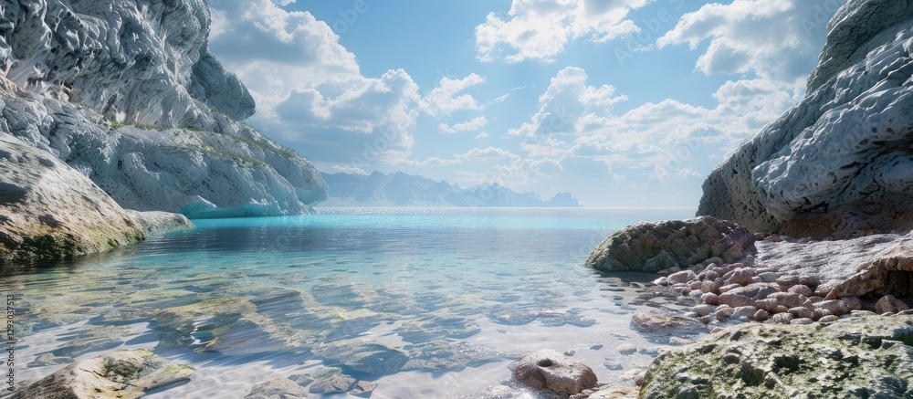 Poster tranquil rocky shore with clear bay waters and vibrant clouds under a bright sky in the background o