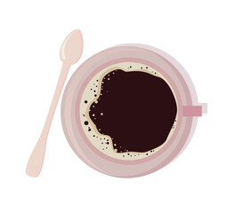 Vector modern flat design illustration on mug with black coffee an spoon, top view