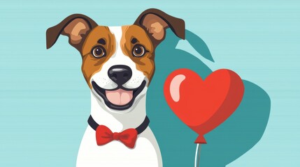 A happy dog with a red bowtie and heart balloon.
