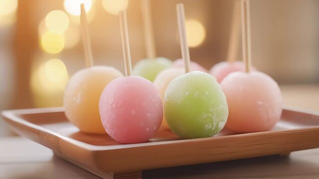 Traditional Japanese Dango Sticks on a Rustic Wooden Table