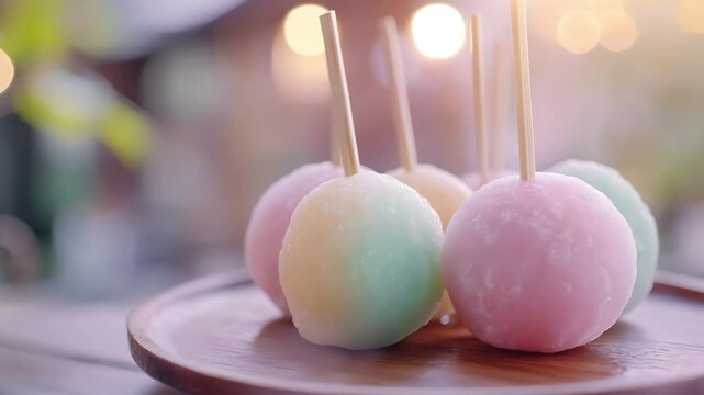 Traditional Japanese Dango Sticks on a Rustic Wooden Table