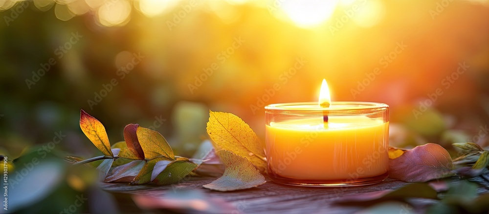 Poster Serene candle with a glowing flame surrounded by colorful autumn leaves at sunset creating a warm and tranquil atmosphere.
