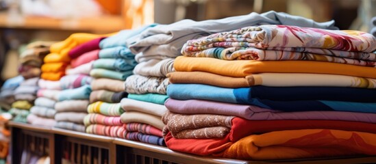 Vibrant stacked textiles in a thrift store featuring varied colors like blue, orange, and pink; neatly arranged for easy viewing and selection.