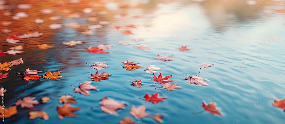 Fototapete colorful maple leaves in vibrant red and yellow floating on calm water surface with soft autumn ligh