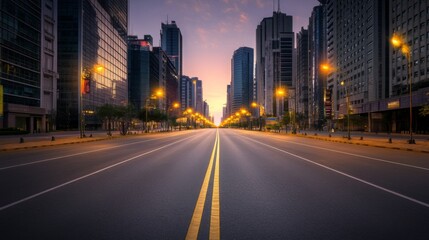 Fototapeta premium Streetlights glowing on an empty city road at dawn, with the first hints of sunlight in the sky and a serene, quiet morning atmosphere.