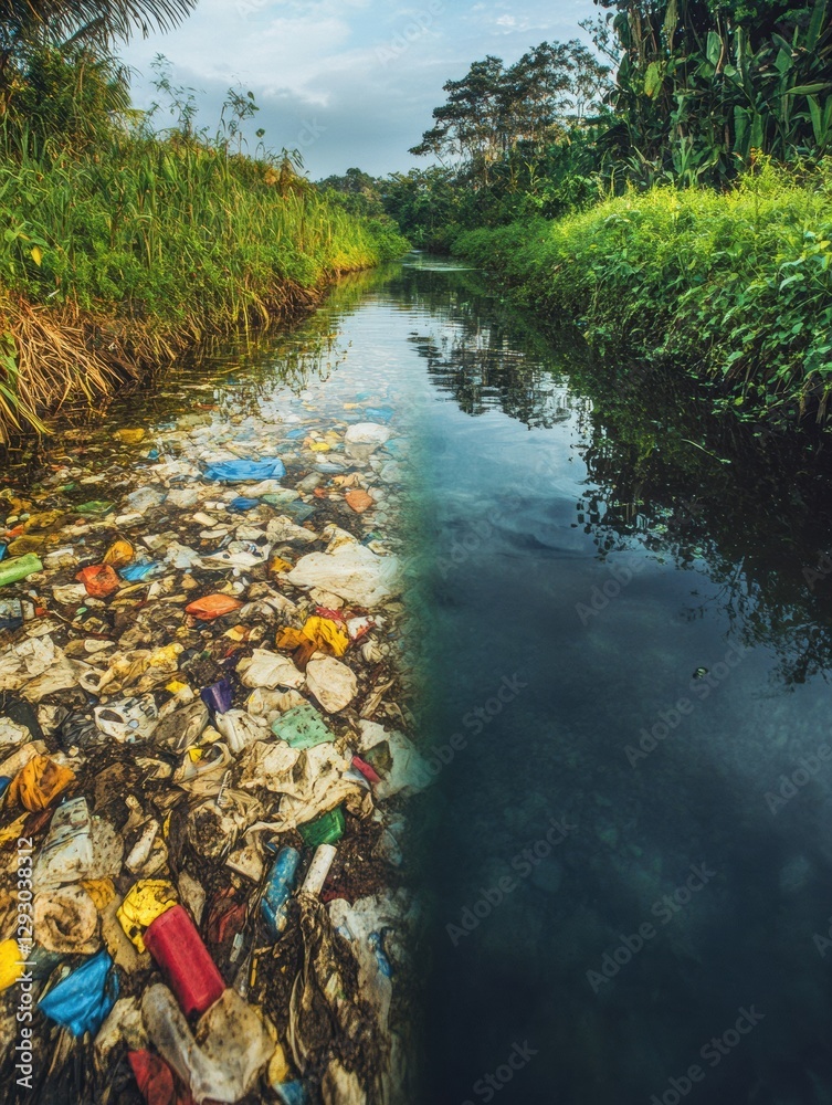 Poster Comparison of polluted river littered with trash and a pristine stream reflecting environmental disparity. Generative AI