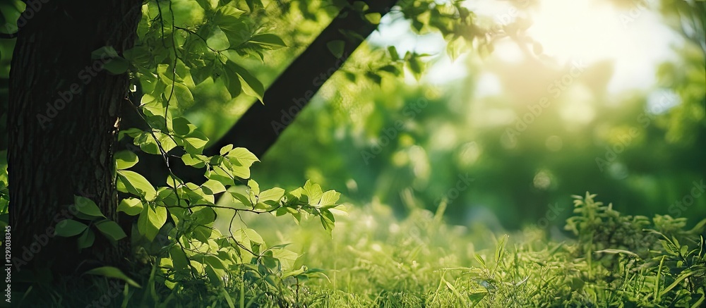 Fototapete lush green forest scene featuring blurred foliage in foreground with soft sunlight filtering through