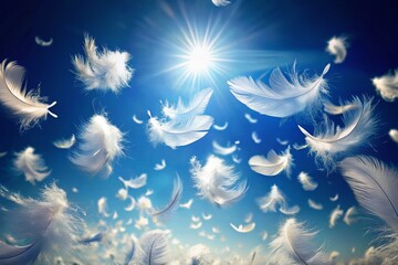 Ethereal Blue Sky with Falling White Feather Particles - Abstract Background Stock Photo