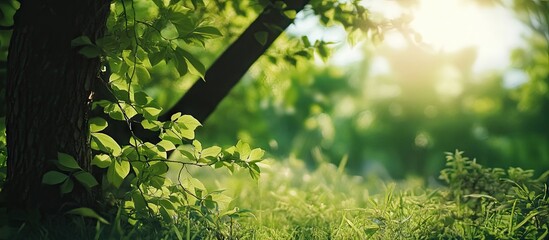 Lush green forest scene featuring blurred foliage in foreground with soft sunlight filtering through trees creating a serene natural atmosphere