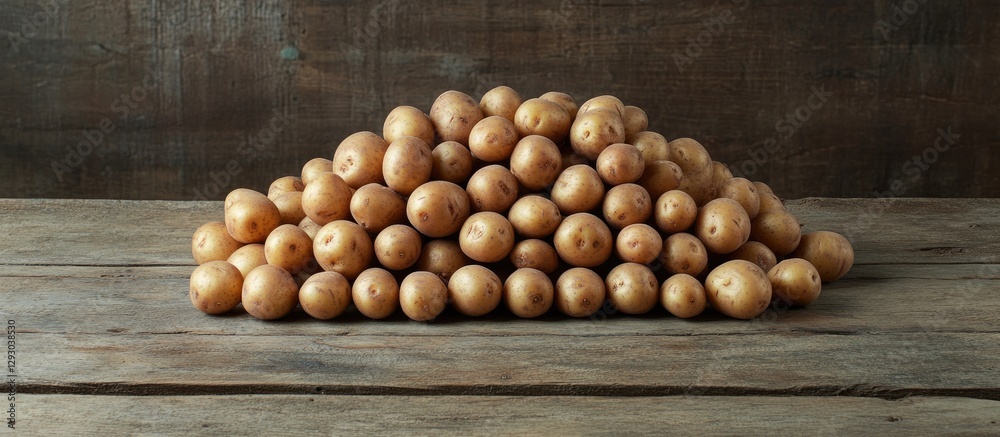 Aufkleber freshly harvested golden potatoes piled high on a rustic wooden table with a dark wood background cr