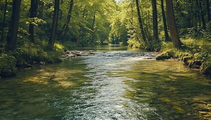 Obraz premium A Stylized Illustration of a Serene Lake Reflecting Mountains and Fluffy Clouds, Framed by Lush Green Foliage, Creating a Peaceful and Dreamy Landscape.