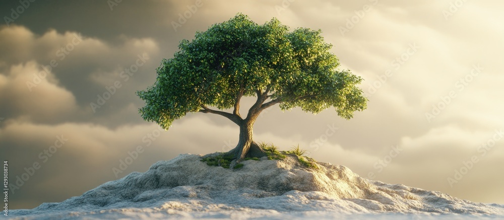 Aufkleber lone vibrant green tree atop a textured mound with soft clouds in the background, natural lighting c