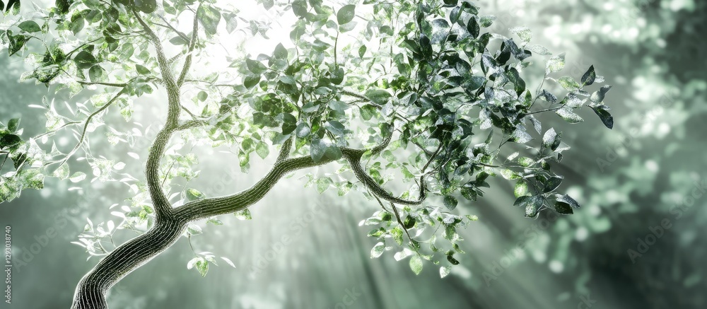 Leinwandbilder sunlit green tree with rich foliage on a soft white background, angled branches adorned with leaves,