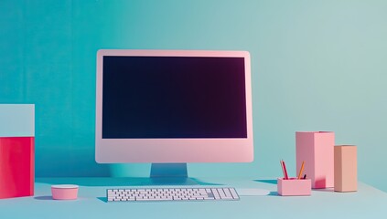 Pastel Workspace with Computer and Supplies