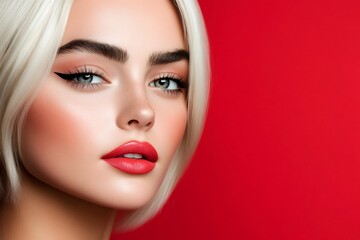 Fototapeta premium Platinum blonde model showing red lipstick and eyeliner makeup on red background