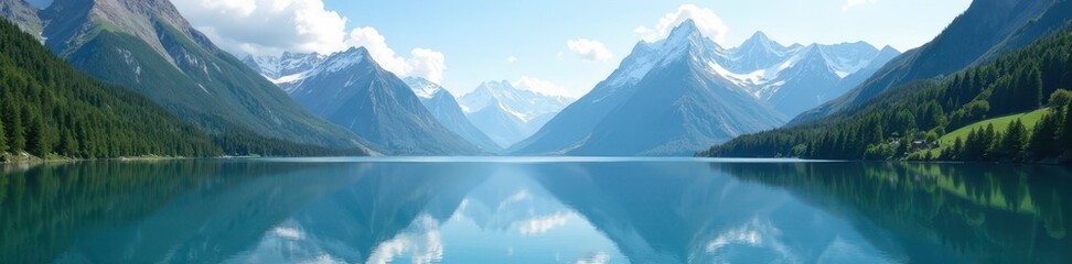 Serene mountain lake, clear water reflects peaks, clear, outdoor, horizon