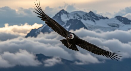 Naklejka premium Majestic condor soaring above the clouds with snow-capped mountains in the background at sunset