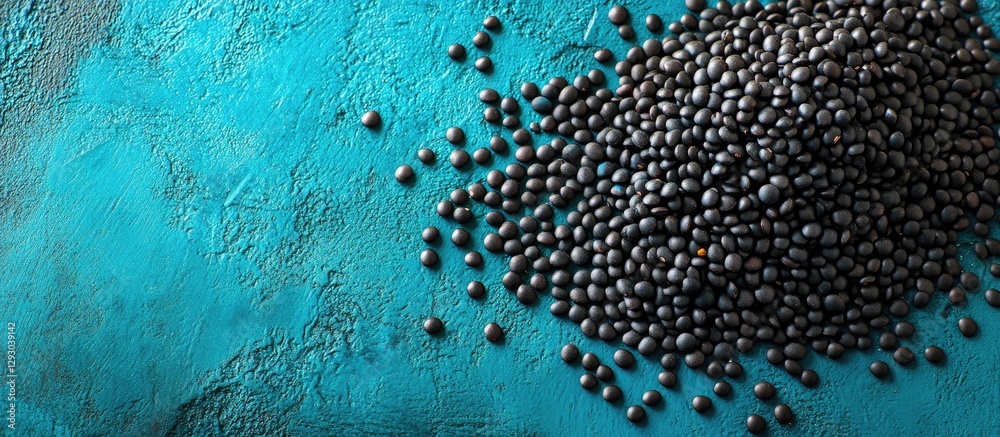 Poster raw black lentils scattered across a turquoise and blue textured background, emphasizing the lentils