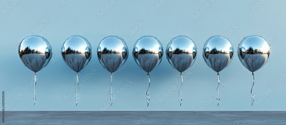 Aufkleber Shiny metallic balloons with a surreal mirror effect in a row against a light blue background emphasizing uniqueness and contrast with reflections