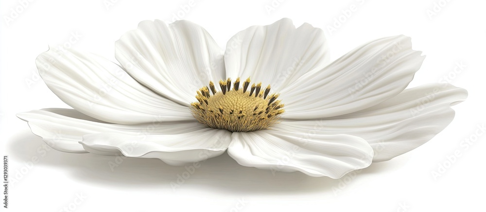 Poster delicate white flower with intricate petal details and a golden center, centered against a soft whit