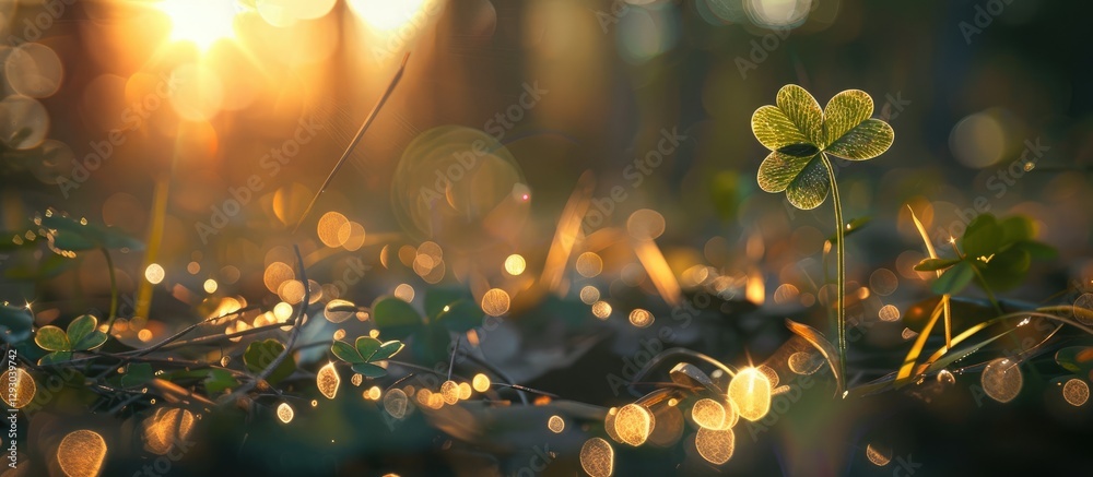 Poster clover leaves illuminated by warm golden sunlight with lens flare in a softly blurred background sho