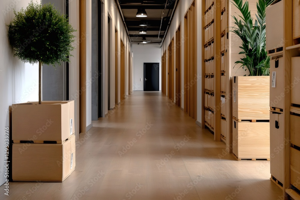 Poster empty office corridor with cardboard and wooden boxes and plants is waiting for employees
