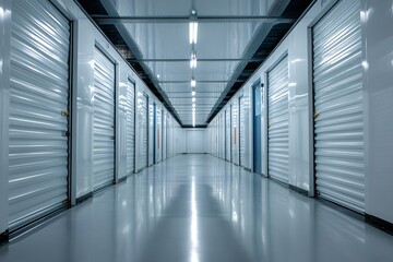 Long corridor with storage units and metal doors
