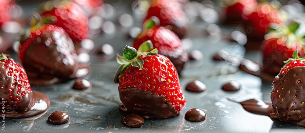 Poster fresh strawberries dipped in shiny dark chocolate arranged on a reflective baking sheet with chocola