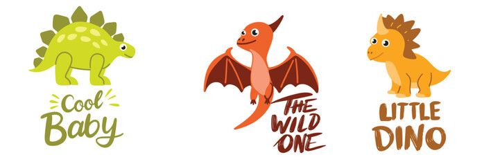 Cute Dinosaurs with text. Cool Baby, The Wild One, Little Dino. Hand drawn vector art.