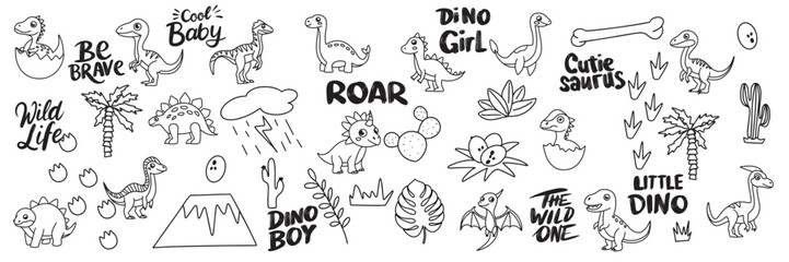 Collection of dinosaurs in doodle style. Hand drawn vector art