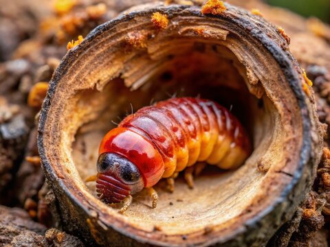 European Goat Moth (Cossus cossus) Larva in Wood - Close-up Documentary Photograph