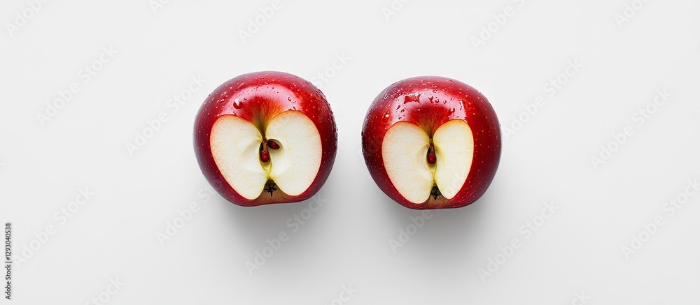 Poster red apple halves displayed on a white background with top view perspective showcasing vibrant red sk