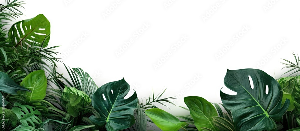 Leinwandbilder lush green tropical leaves arranged along the bottom of a white background creating a vibrant frame 