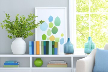 Bright Modern Home Office Backdrop With Colorful Books And Elegant Decor Elements Creating A Welcoming Atmosphere For Zoom Presentations
