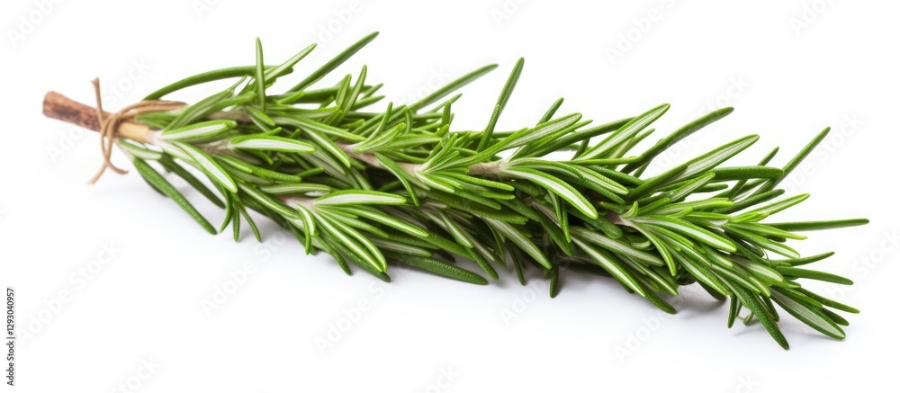 Poster fresh green rosemary sprig positioned diagonally from left to right on a clean white background show