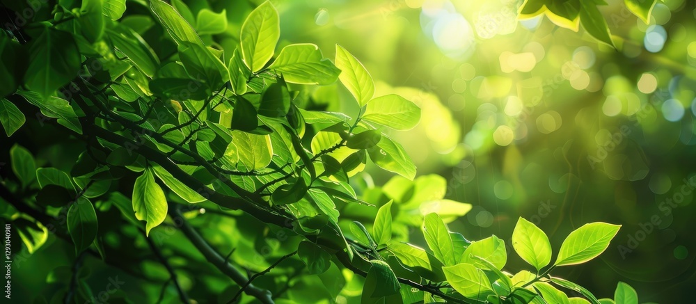 Fototapete Lush green foliage illuminated by sunlight filtering through branches with a serene blurred background ideal for nature themes and designs