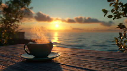 steaming cup of coffee on wooden table with beautiful s et over ocean creates serene atmosphere