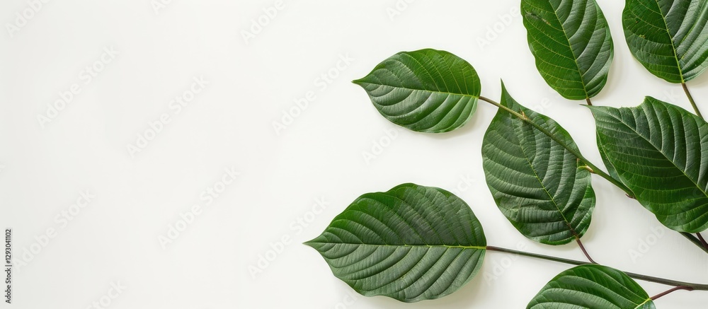Aufkleber fresh green kratom leaves arranged in a cluster on the left side against a clean white background, w