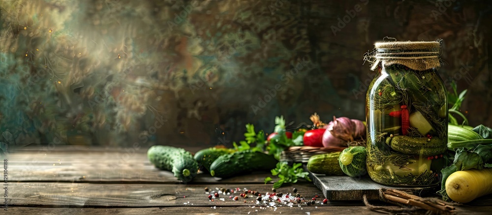 Poster Pickled cucumber jar with assorted vegetables and spices on a rustic wooden table featuring earthy tones and ample copy space on the left side