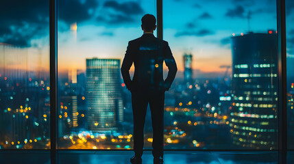 The CEO stands confidently by large window, overlooking vibrant city skyline dusk. scene captures essence of leadership and decision making