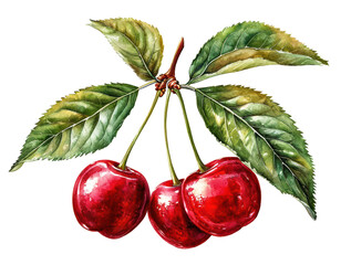 Realistic watercolor illustration of three red cherries with green leaves on a branch, isolated on a white background.