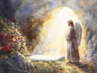 Obraz premium Resurrection Revelation: An angelic figure stands bathed in heavenly light, beside an empty tomb, in a scene of profound spiritual significance. The image captures the essence of hope, renewal.