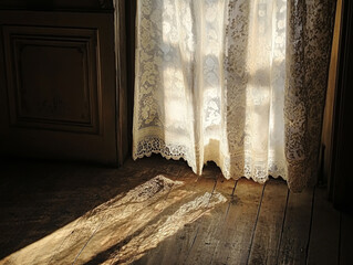Sunlight streaming through lace curtains creates beautiful patterns on wooden floor