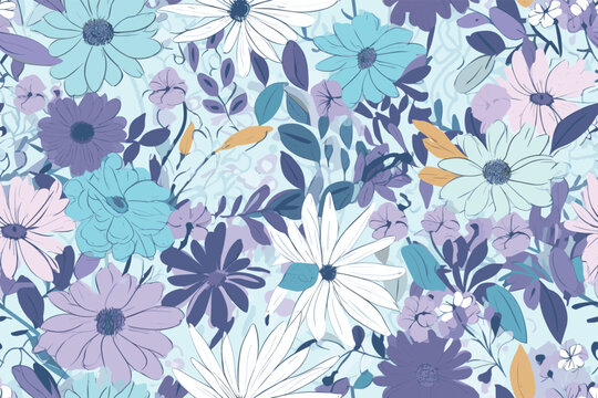  Cute daisy floral seamless watercolor pattern with watercolor black background. Flower vector illustration. Watercolor print in rustic vintage style,