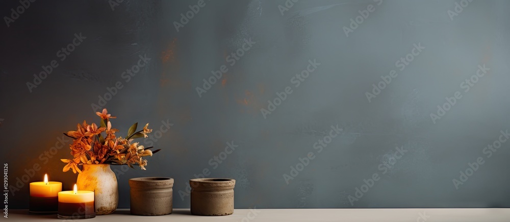 Leinwandbilder Elegant shelf with a grey wall background features a vase with flowers on the left and three burning candles creating a warm ambiance.
