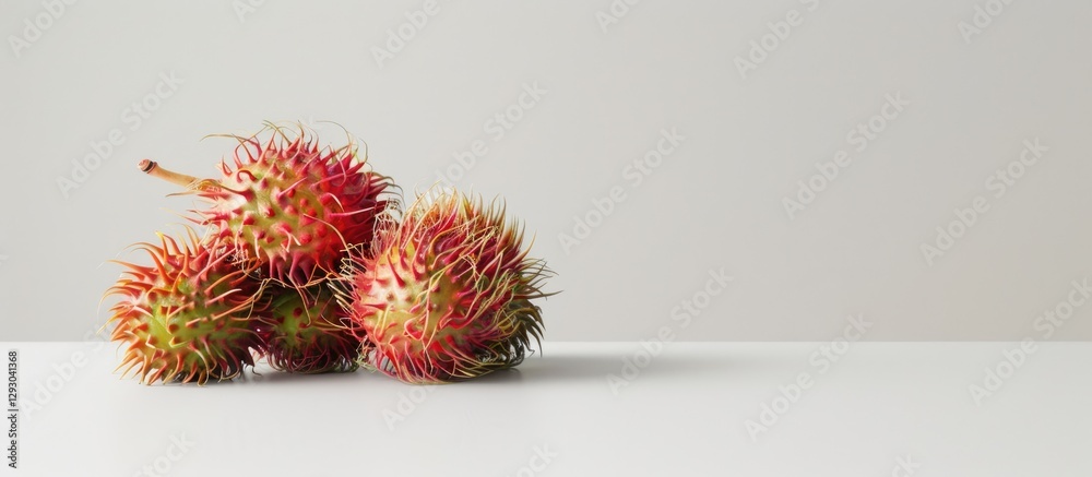 Leinwandbilder rambutan fruits with vibrant red and green spines arranged on a white surface against a light grey b