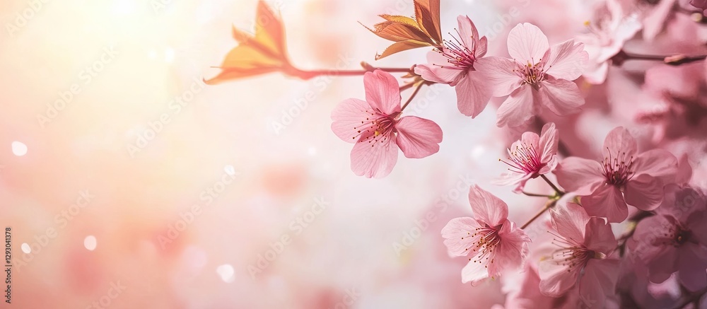Poster soft pink cherry blossoms clustered on the left side with a gentle light background, creating a drea