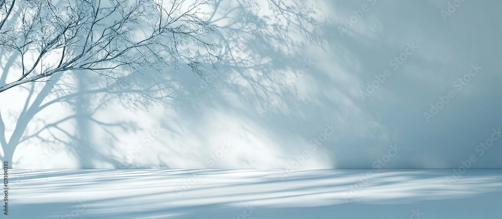 Aufkleber Soft light blue backdrop featuring gentle tree branch shadows on a white wall, perfect for showcasing products with an airy minimalistic touch.