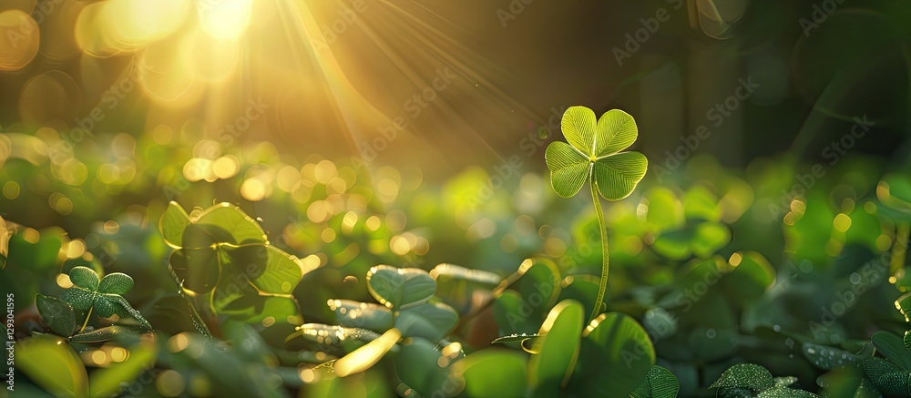 Leinwandbilder clover leaves glisten in warm sunlight with a soft lens flare above creating a serene atmosphere and