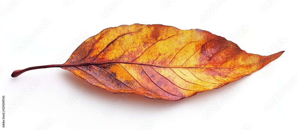 Poster autumn leaf on white background showcasing vibrant orange and yellow hues with a smooth texture posi